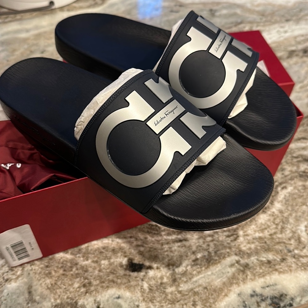 Salvatore Ferragamo Men Slides . Brand New. Dark Blue, with Silver. Size 11.
